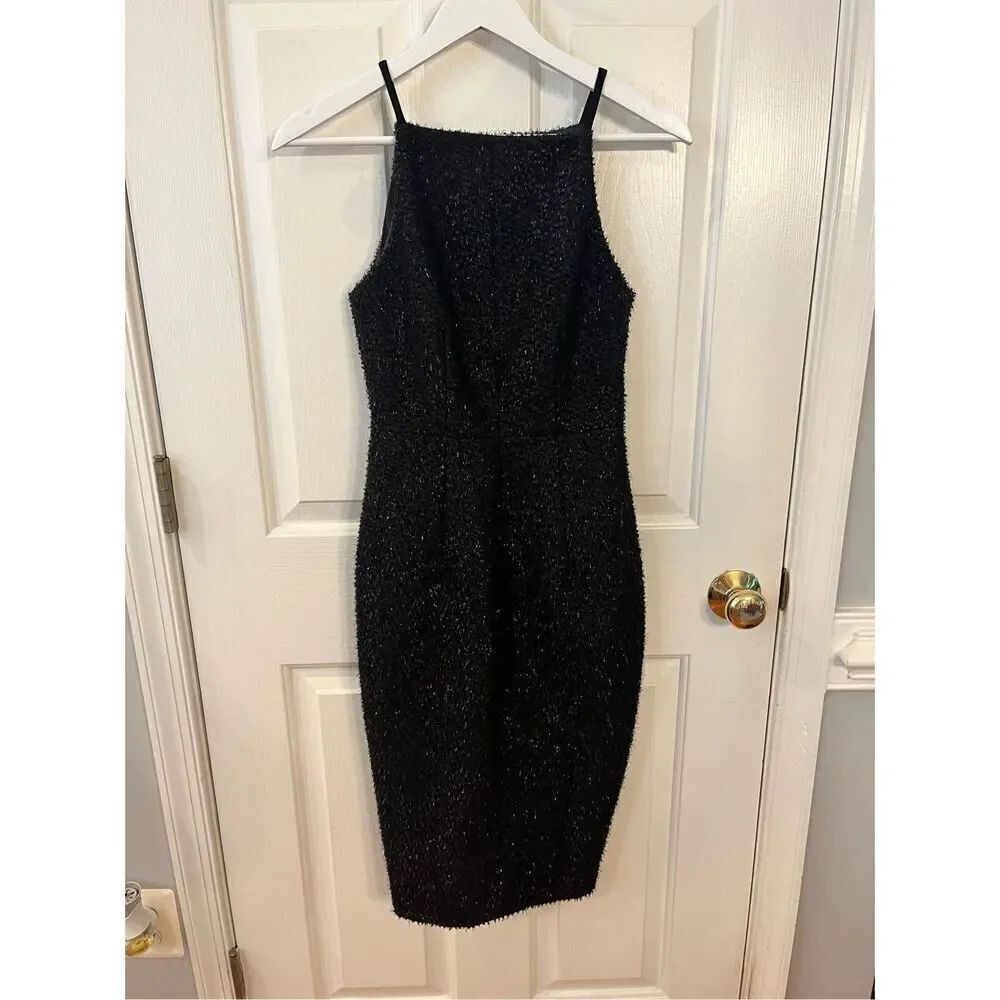 H&M Black Sparkle Fuzz Halter Style Little Black Dress Party Cocktail Sz 2 EUC